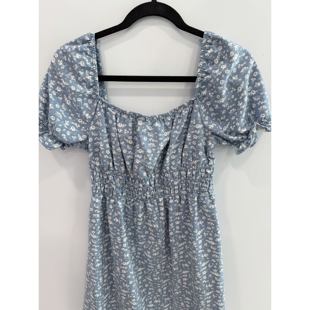 Iris Blue White Floral Babydoll Dress Medium Cottagecore Milkmaid Puff Sleeve - Picture 4 of 11